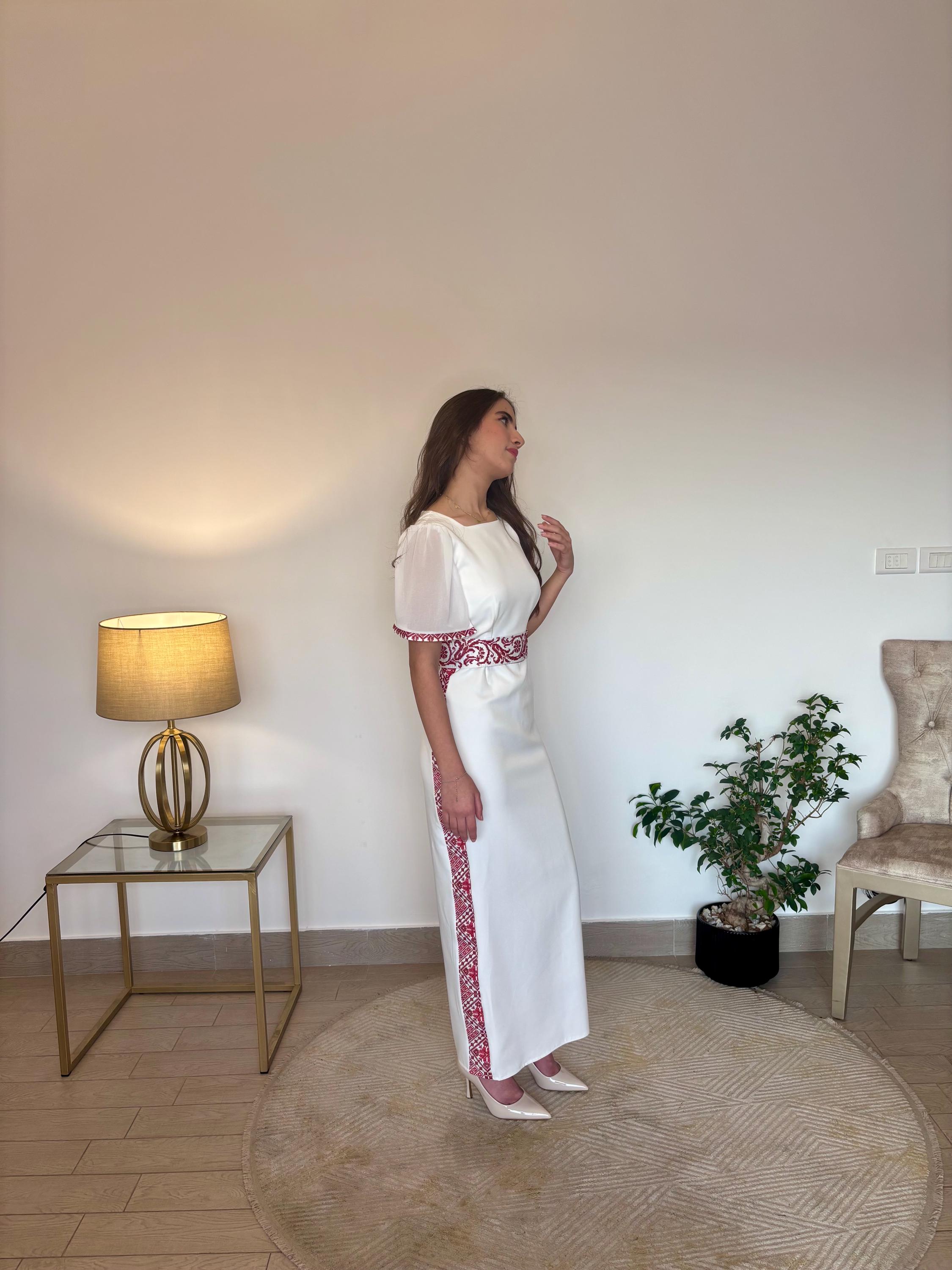 Costumization for White maxi pencil dress with Palestinian Tatreez abaya- kaftan-مطرزات شرقيه -ثوب فلاحي -تطريز فلسطيني hena حنا