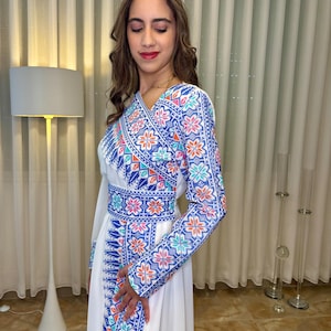 Chiffon Henna Dress with Royal Blue Palestinian Tatreez abaya- kaftan-مطرزات شرقيه -ثوب فلاحي -تطريز فلسطيني