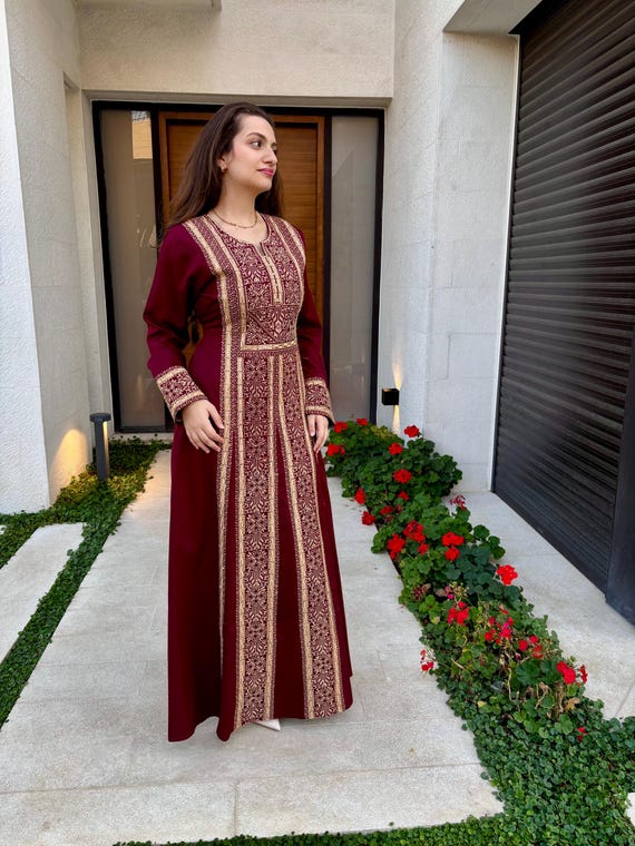 burgundy eid dress Tatreez Kaftan Dress, Embroidered Palestinian Thobe, Modern Maxi Abaya, Gown swimsuit cover up Shimmering sequins and embroidery Size:XL-40 Kassi Beach Club Las