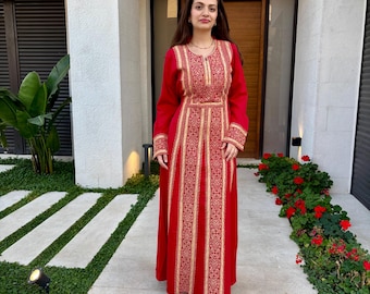 Red Thobe with Gold Palestinian Tatreez abaya- kaftan-مطرزات شرقيه -ثوب فلاحي -تطريز فلسطيني-hena-Palestinian Thobe Gift