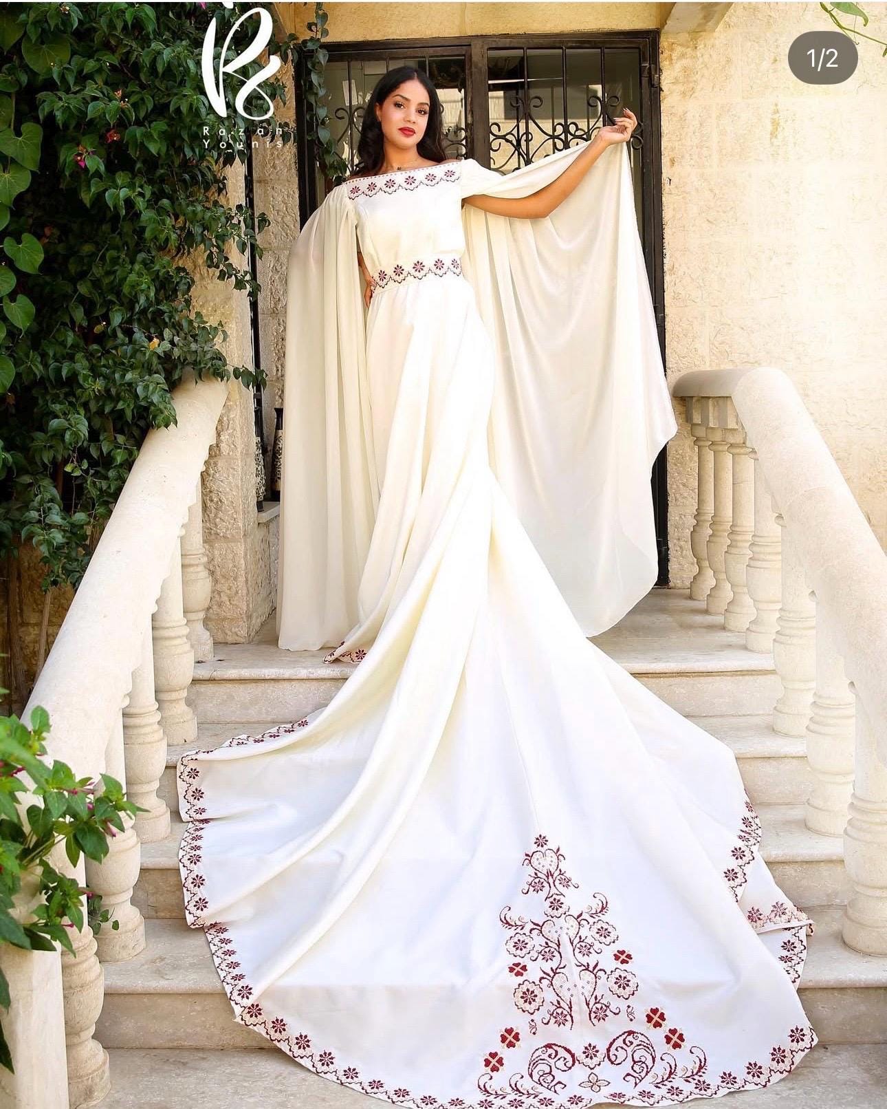 Ivory Palestinian Handmade Tatreez  Bridal Dress (used once, like new) abaya- kaftan-مطرزات شرقيه -ثوب فلاحي -تطريز فلسطيني-يدوي