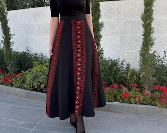 A-Line Black Skirt with Three Red and Gold Palestinian Embroidery Stripes | Handmade Heritage Design- مطرزات شرقيه -ثوب فلاحي -تطريز فلسطيني