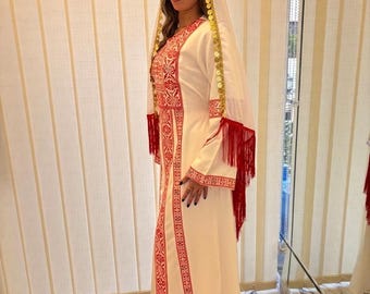 Palestinian Tatreez Thobe Dress, White Red Embroidered Kaftan, Arabic Maxi Abaya with head veil