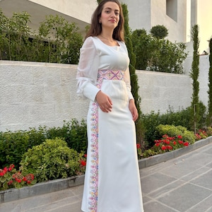 White maxi pencil dress with Colorful Palestinian Tatreez  -مطرزات شرقيه -ثوب فلاحي -تطريز فلسطيني حنا hena