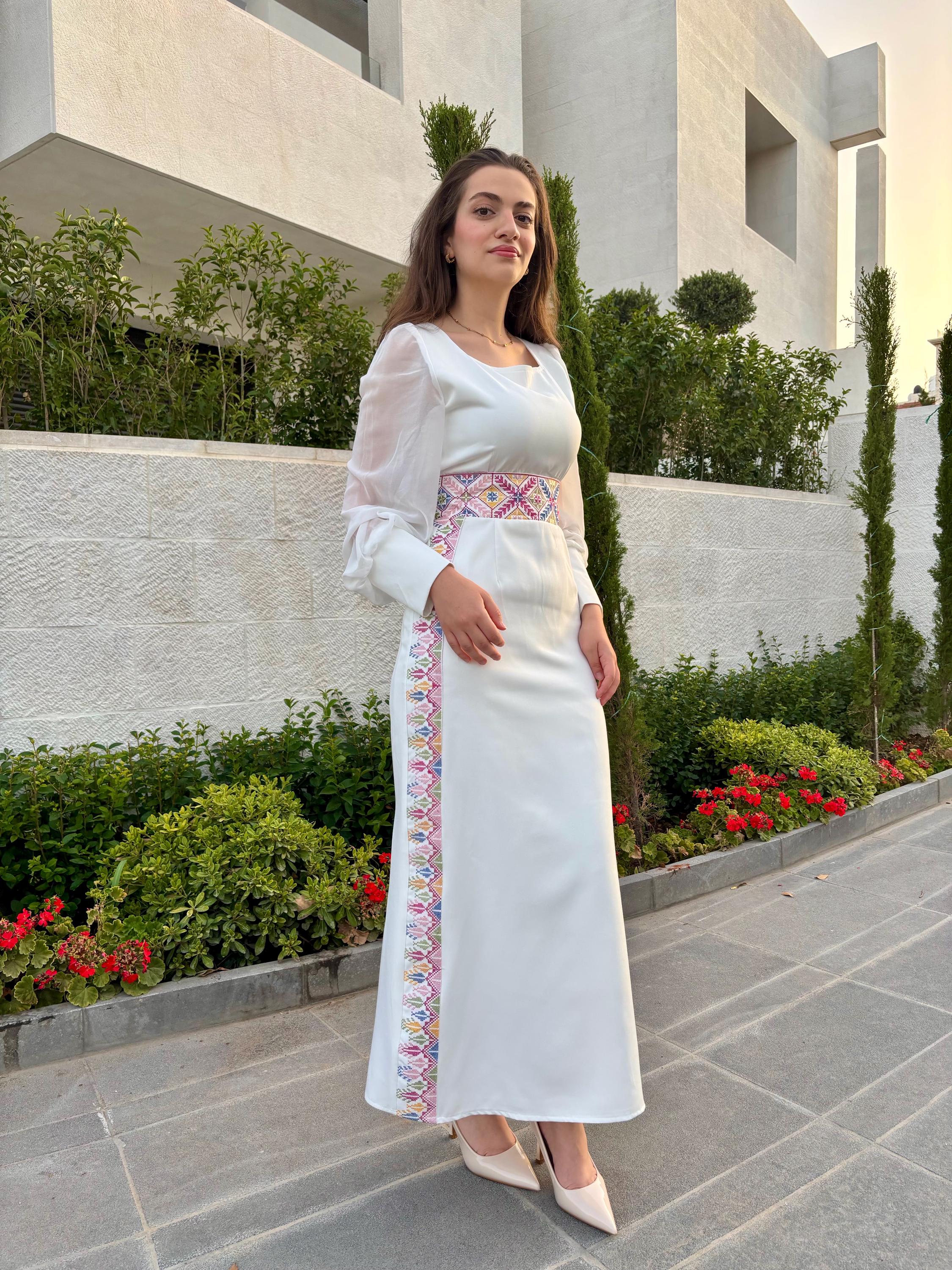 modern palestinian dress Palestinian Tatreez White Maxi Dress - Embroidered Modern Thobe