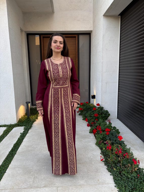 Burgundy Tatreez Kaftan Dress - Embroidered Maxi Abaya, Middle Eastern Evening Gown