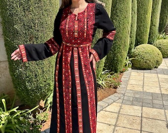 Red and Gold Embroidered Traditional Palestinian Thobe-Palestinian Thobe Gift -مطرزات شرقيه -فلسطين-اردنيه-kaftan-حنه-hena embroidered dress