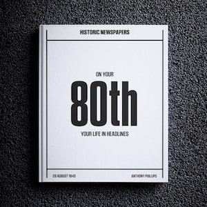 Gepersonaliseerd cadeau 80e verjaardag mijlpaal krantenboek | Krantenkoppen VK/VS vanaf de dag dat je geboren werd en elk jaar sinds | Cadeau 80 jaar oud
