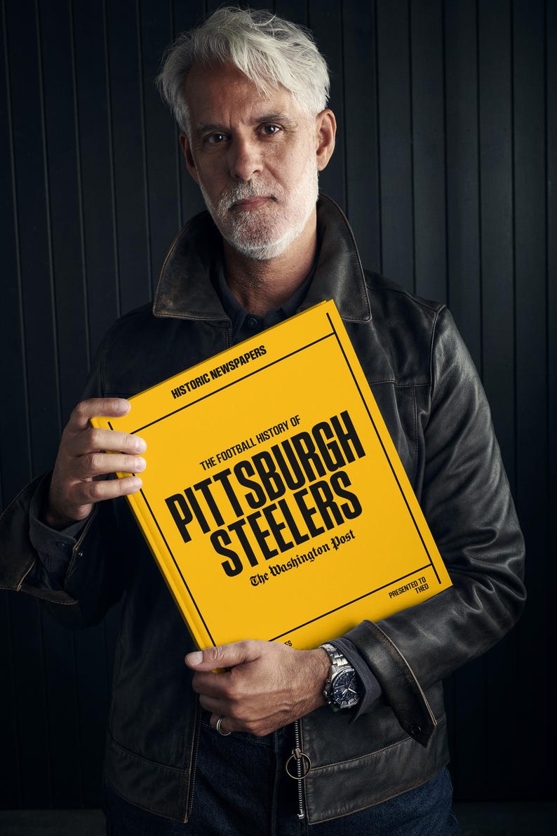 Pittsburgh Steelers Gift - Pro Football History In Newspaper Headlines Book - Personalized Steelers Nation Fan Item - Name Printed On Cover Yellow