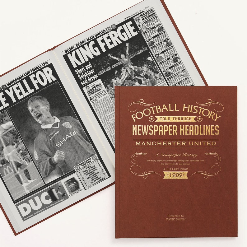 Manchester United Football Gift - Old Trafford MANU History In Newspaper Headlines - Personalised Man Utd Gift - Name Embossed On Cover