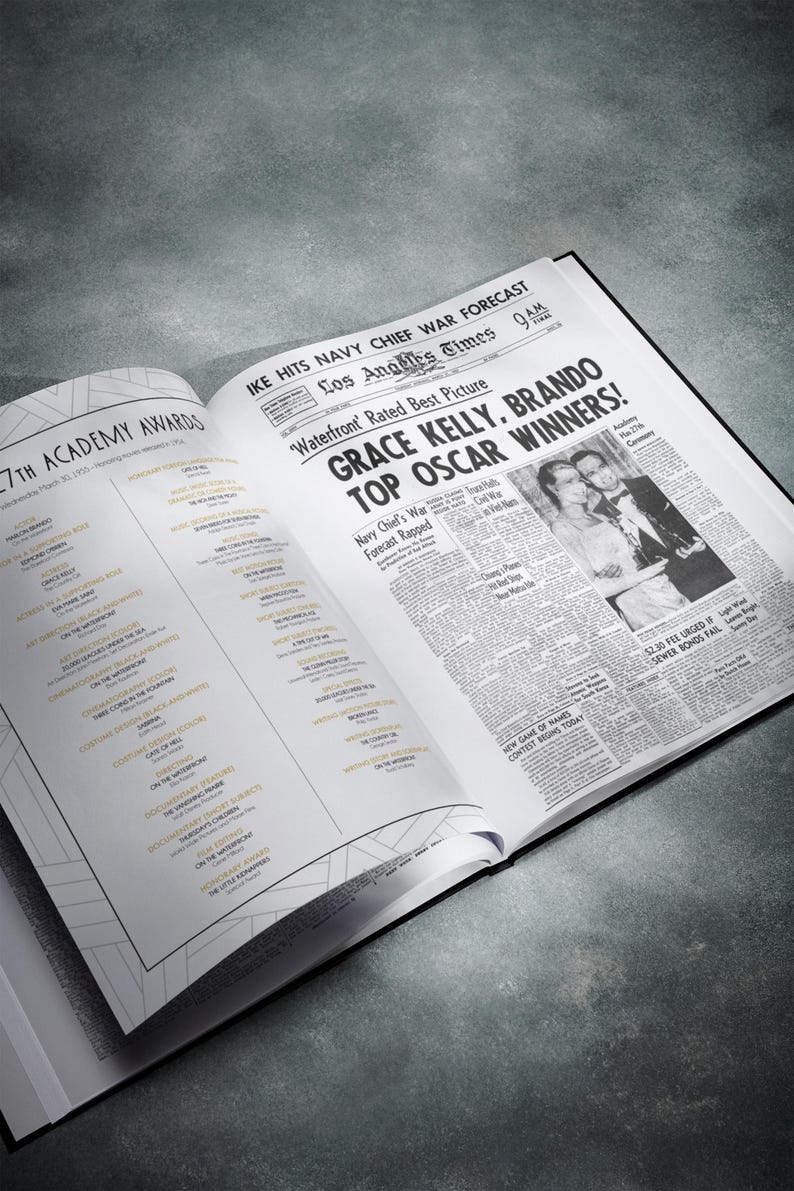 Puede incluir: Una p&aacute;gina de peri&oacute;dico en blanco y negro con el titular "GRACE KELLY, BRANDO TOP OSCAR WINNERS!" El peri&oacute;dico est&aacute; abierto en una p&aacute;gina con una foto de Grace Kelly y Marlon Brando. El titular "IKE HITS NAVY CHIEF WAR FORECAST" tambi&eacute;n es visible.
