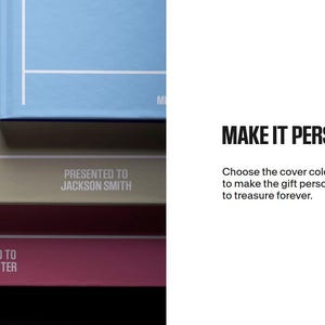 Puede incluir: Tres libros de tapa dura apilados uno encima del otro. El libro superior es azul claro, el libro intermedio es beige y el libro inferior es rojo. Los libros tienen texto blanco en las cubiertas que dice "Presented to Jackson Smith" y "Presented to Eloise Porter". El texto "Make it Personal" est&aacute; escrito en negro sobre fondo blanco.