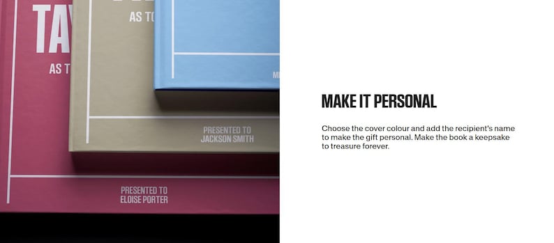 Puede incluir: Tres libros de tapa dura apilados uno encima del otro. El libro superior es azul claro, el libro intermedio es beige y el libro inferior es rojo. Los libros tienen texto blanco en las cubiertas que dice "Presented to Jackson Smith" y "Presented to Eloise Porter". El texto "Make it Personal" est&aacute; escrito en negro sobre fondo blanco.