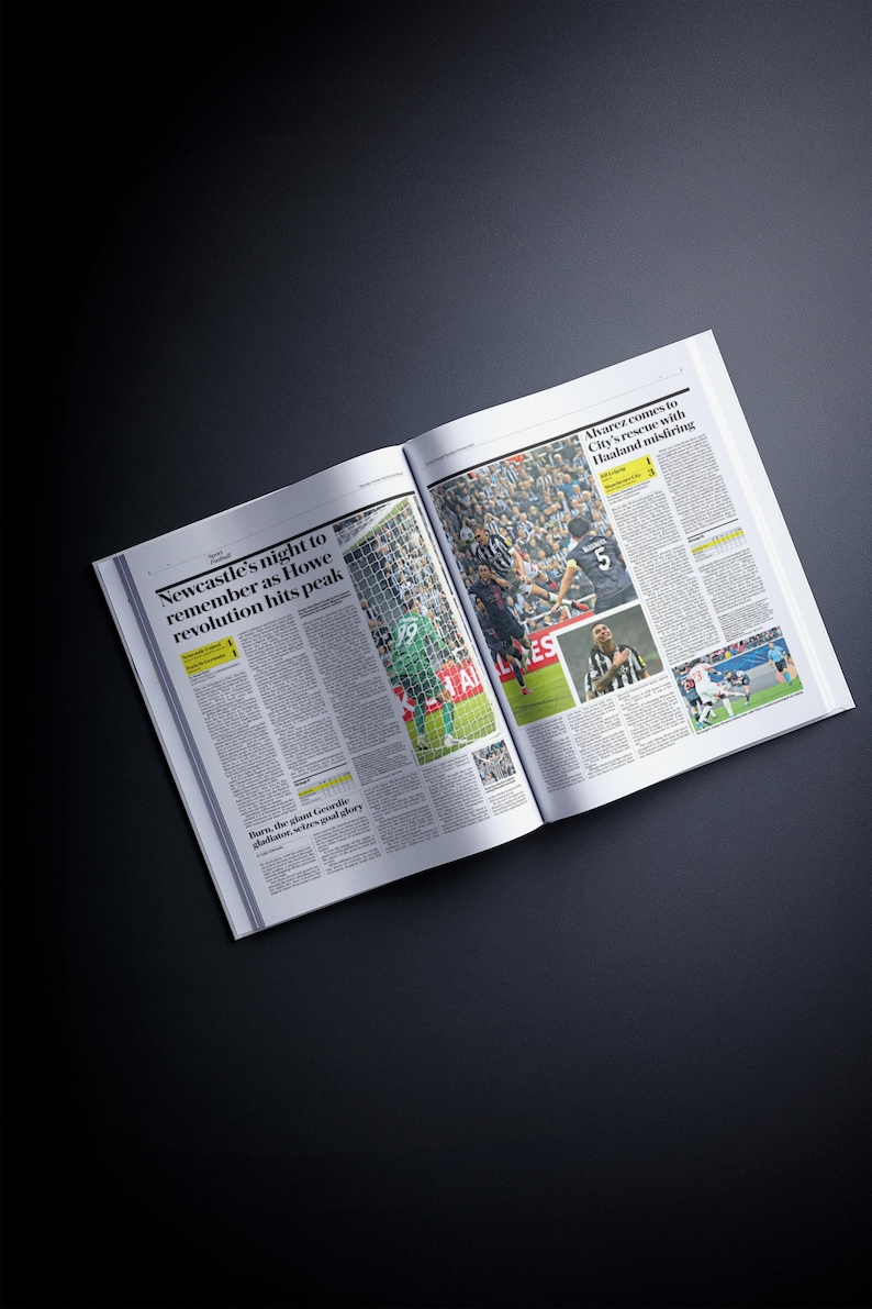 May include: An open magazine featuring a sports article about Newcastle's football team. The article is titled "Newcastle's night to remember as Howe revolution hits peak". The magazine also includes a photo of a football match.