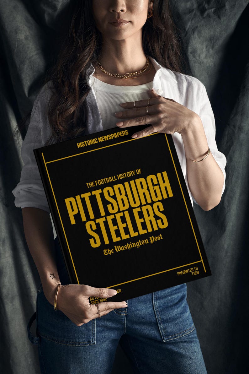 Pittsburgh Steelers Gift - Pro Football History In Newspaper Headlines Book - Personalized Steelers Nation Fan Item - Name Printed On Cover Black