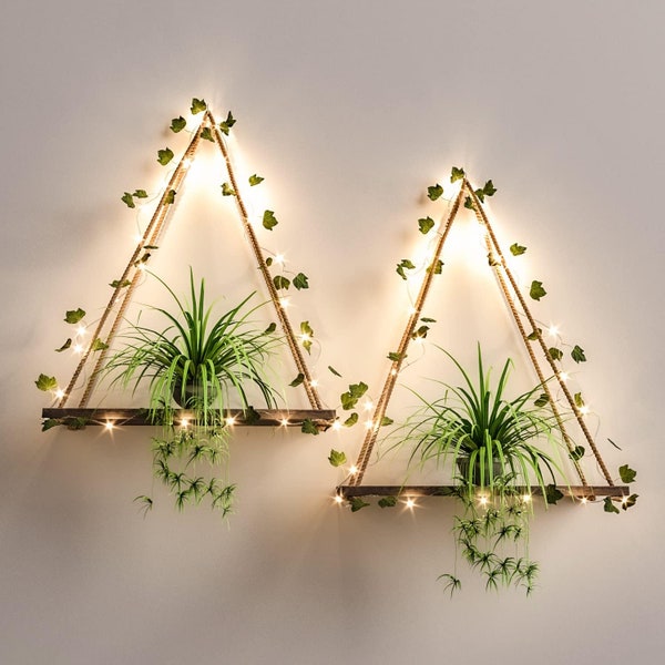 Artificial Ivy LED-Strip Wall Hanging Shelves Set of 2, Macrame Wood Hanging Plant Shelves for Wall Décor