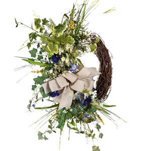 Elegant Navy Swiss Bow Wreath, Handmade Spring Floral Door Decor, Eucalyptus & Hydrangeas, Indoor - Outdoor Decor, Front Door Wreath, Rustic