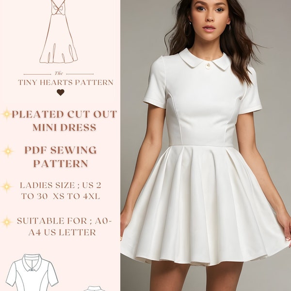 Pleated Cut Out Mini Dress Pattern,Birthday Dress Sewing Pattern,Summer Dress Pattern,Woman Dress Sewing Pattern A0 A4 US Letter-US 2 to 30
