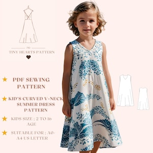 Patrón de vestido de verano con escote en V curvo para niños, patrón de costura en PDF de vestido para niños debajo de la rodilla, patrón de costura de vestido para niñas A0 A4 Carta de EE. UU. 2-16 años.
