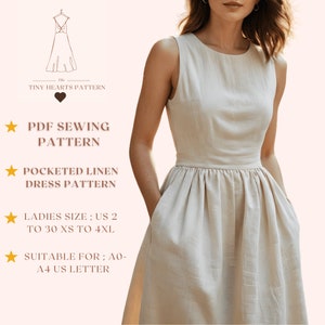 Patrón de vestido de lino con bolsillos, patrón de costura de vestido de lino de verano, patrón de vestido de verano, patrón de costura de vestido de mujer A0 A4 Carta de EE. UU. - EE. UU. 2 a 30