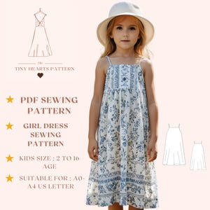 Patrón de costura de vestido de niña, patrón de costura de vestido de niños, patrón de vestido de delantal, patrón de costura de vestido de niña, tamaño A0 A4 Carta de EE. UU., talla de niña de 2 a 16 años
