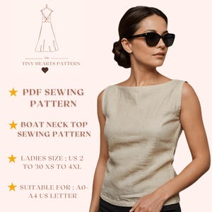 Patrón de costura de blusa con cuello barco / Patrón de costura para mujer / Patrón de blusa / Top corto de lino sin mangas / Patrón de costura fácil / A0 A4 Carta de EE. UU. 2 a 30