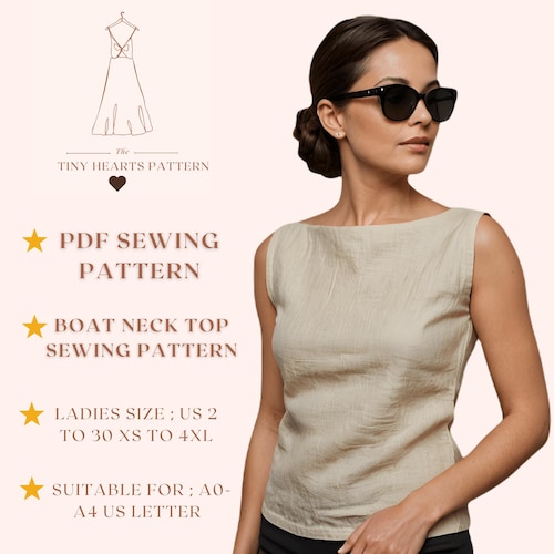 Boat Neck Top Sewing Pattern, Women Blouse Sewing Patterns, Size:US2-30 | A0-A4-USLETTER |