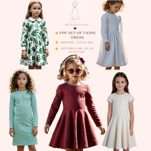 Conjunto de 5 patrones de vestidos para niños en formato PDF, paquete de patrones de verano para niños, patrón de costura de vestidos para niños, patrón de costura de vestidos para niñas, tamaño A0, A4, carta de EE. UU., talla de niña de 2 a 16 años