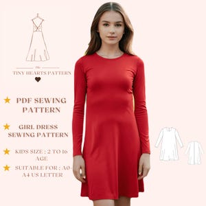Padrão de costura de vestido de menina | Padrão de costura em PDF para crianças | Vestido de menina jovem | Padrão de costura de vestido infantil | Carta dos EUA A0 A4 - Tamanho de menina 2-16 anos