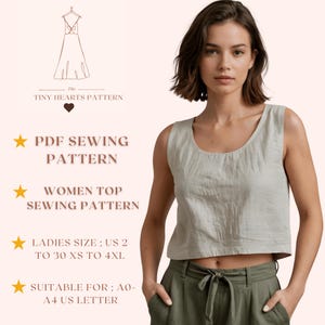 Patrón de costura de blusa para mujer / Patrón de costura para mujer / Patrón de blusa / Patrón de top corto de lino / Patrón de costura fácil / A0 A4 Carta de EE. UU. 2 a 30