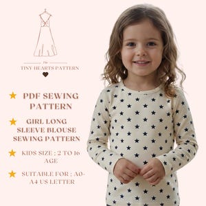 Girl Long Sleeve Blouse Sewing Pattern, Kids Top Sewing Patterns, Size:2-16 Age | A0-A4-USLETTER |