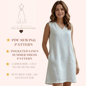 Patrón de vestido de lino de verano con bolsillos, patrones de costura para vestidos de mujer, vestidos de otoño Talla: US2-30 / A0-A4-USLETTER /