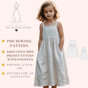 Patrón de vestido midi de lino para niños con bolsillos, patrón de costura de vestido tipo pechera para niños, patrón de costura de vestido para niñas A0, A4, letra de EE. UU., talla para niñas de 2 a 16 años