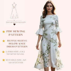 Patrón de vestido con mangas con volantes por debajo de la rodilla, patrón de vestido de verano, vestido de primavera, patrón de costura de vestido de mujer A0 A4 Carta de EE. UU. - EE. UU. 2 a 30