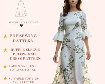 Ruffle Sleeve Below Knee Dress Pattern, Women Dress Sewing Patterns, Size:US2-30 | A0-A4-USLETTER |
