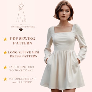 Patrón de vestido mini de manga larga con bolsillo, patrón de costura de vestido de mujer, vestido de fiesta, vestido de cuello cuadrado, vestido de cóctel A0, A4, letra de EE. UU.: 2 a 30 de EE. UU.