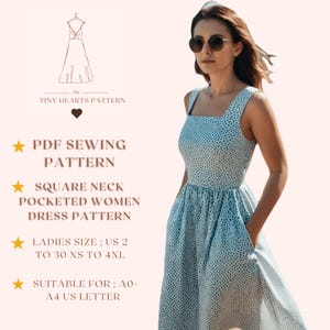 Patrón de vestido de mujer con bolsillos y escote cuadrado, patrón de costura de vestido de mujer, patrón de vestido de otoño, vestido bohemio, vestido de campo A0, A4, carta de EE. UU.: tallas 2 a 30 de EE. UU.