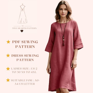 Patrón de costura de vestido, Patrón de costura de vestido de mujer, Patrón de vestido de lino, Patrón de vestido de verano, Vestido de otoño, Vestido básico A0 A4 Carta de EE. UU. - EE. UU. 2 a 30