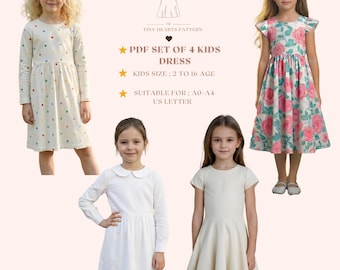 PDF Set Of 4 Kids Dress Pattern, Girls Dress Sewing Patterns, Size:2-16Age | A0-A4-USLETTER |