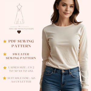 Patrón de costura de suéter, Patrón de costura para mujer, Patrón de costura fácil, Patrón de pulóver, Patrón de costura en PDF, Patrón de blusa A0 A4 Carta de EE. UU. 2 a 30