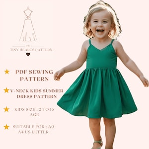 Patrón de vestido de verano con escote en V para niñas, patrón de costura en PDF para niñas, vestido de verano para niñas, patrón de costura para niñas en talla A0, A4, tamaño carta de EE. UU., para niñas de 2 a 16 años