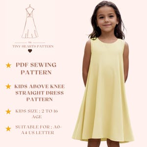 Patrón de vestido recto por encima de la rodilla para niños, patrón de costura de vestido para niños en PDF, patrón de costura de vestido para niñas, tamaño A0 A4 Carta de EE. UU., talla de niña de 2 a 16 años
