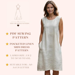 Patroon linnen midi-jurk met zakken, naaipatronen damesjurk, herfstjurken, maat: 2-30 | A0-A4-USBRIEF |
