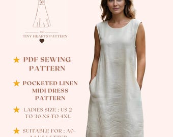 Pocketed Linen Midi Dress Pattern, Women Dress Sewing Patterns, Fall Dresses, Size:US2-30 | A0-A4-USLETTER |