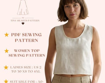 Women Top Sewing Pattern, Crop Tops Sewing Patterns, Girls Tshirt, Size:US2-30 | A0-A4-USLETTER |