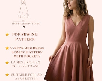 V-Neck Midi Dress Sewing Pattern, Women Dress Patterns, Summer Dresses Size:US2-30 | PDF A0-A4-USLETTER |