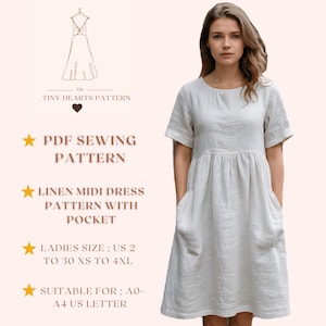 Patrón de vestido midi de lino con bolsillo, patrones de costura para mujer, patrón de vestido de verano, cintura alta y manga corta, tamaño A0, A4, letra de EE. UU., talla 2 a 30, XS a 4XL