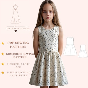 Patrón de costura de vestido para niños, patrón de costura de vestido de niña en PDF, patrón de vestido con pechera, vestido con delantal, vestido para niños pequeños, talla A0, A4, carta de EE. UU., talla de niña de 2 a 16 años