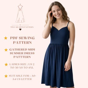 Könnte beinhalten: Ein marineblaues, gerafftes Midi-Sommerkleid mit Spaghettiträgern. Das Kleid hat einen V-Ausschnitt und einen ausgestellten Rock. Der Text auf dem Bild lautet "PDF Sewing Pattern", "Ladies Size: US 2 to 30 XS to 4XL" und "Suitable for: A0-A4 US Letter".