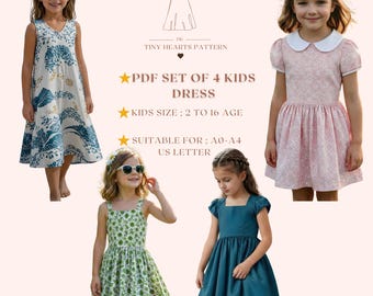PDF Set Of 4 Kids Dress Pattern, Girls Dress Sewing Patterns, Size:2-16Age | A0-A4-USLETTER |
